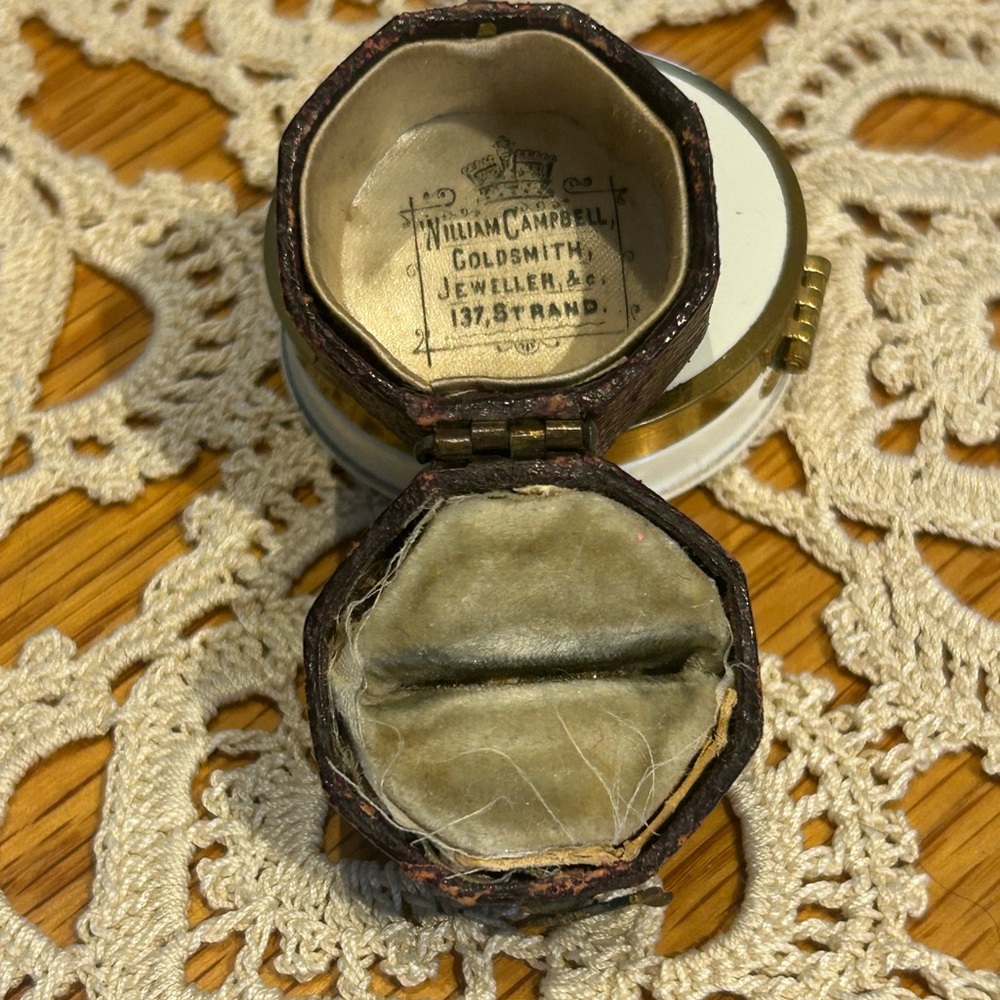 Antique leather hexagon ring box from England